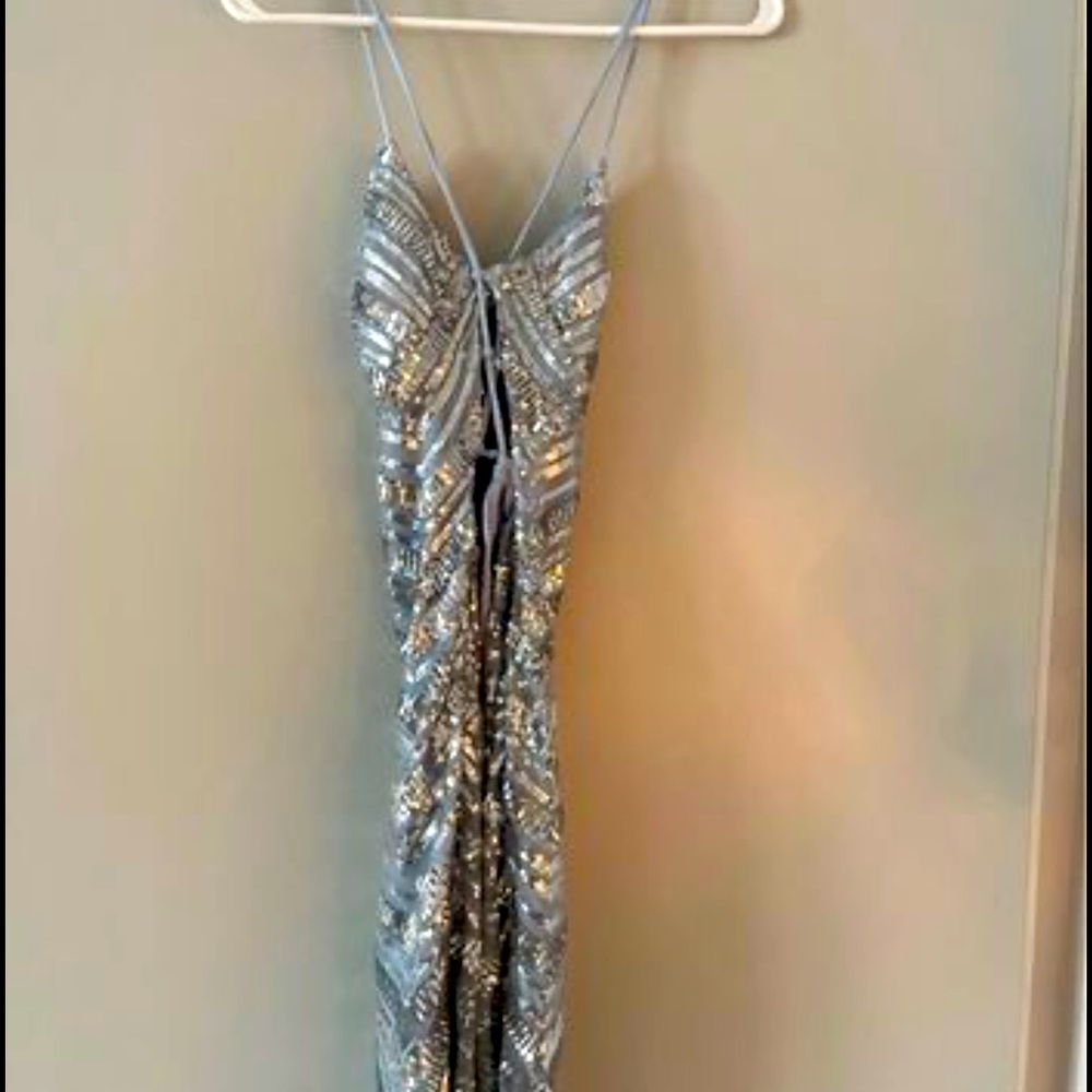 Semi formal light blue and silver sparkle backless dress
